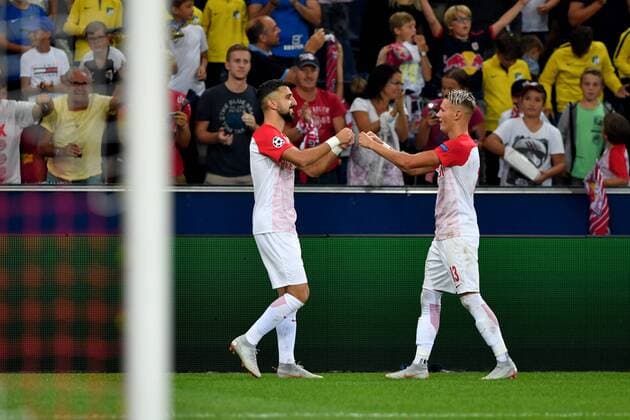 SOCCER - CL quali, RBS vs Belgrade SALZBURG,AUSTRIA,29.AUG.18 - SOCCER - UEFA Champions League qualification play-off, Red Bull Salzburg vs FC Red Star Belgrade. Image shows the rejoicing of Munas Dabbur and Hannes Wolf (RBS). GEPAxpictures xFlorianxErtl