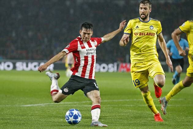 EINDHOVEN, Netherlands, 29-08-2018, football, Champions League play-off round 4 leg 2 , season 2018 2019 , PSV Philips Stadium , PSV - BATE Borisov , PSV forwarder Hirving Lozano scores 3-0 during the game PSV - BATE Borisov . PSV - Borisov  x2432799x