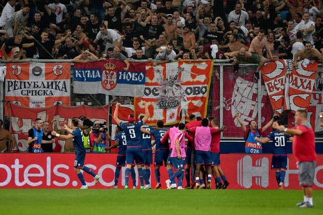 SOCCER - CL quali, RBS vs Belgrade SALZBURG,AUSTRIA,29.AUG.18 - SOCCER - UEFA Champions League qualification play-off, Red Bull Salzburg vs FC Red Star Belgrade. Image shows the rejoicing of Belgrade. GEPAxpictures xFlorianxErtl