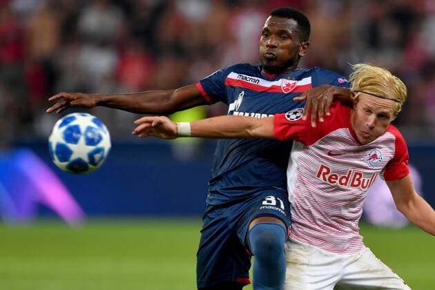 SOCCER - CL quali, RBS vs Belgrade SALZBURG,AUSTRIA,29.AUG.18 - SOCCER - UEFA Champions League qualification play-off, Red Bull Salzburg vs FC Red Star Belgrade. Image shows El Faradou Ben Nabouhane (Belgrade) and Xaver Schlager (RBS). GEPAxpictures xFlorianxErtl