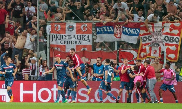 29.08.2018, Red Bull Arena, Salzburg, AUT, UEFA CL, FC Salzburg vs Roter Stern Belgrad, Qualifikation, Rueckspiel, im Bild Torjubel Belgrad nach dem 2:2 Ausgleicht durch El Faradou Ben Nabouhane (Roter Stern Belgrad) during the UEFA Champions League Qualification, 2nd Leg Match between FC Salzburg and Red Star Belgrade at the Red Bull Arena in Salzburg, Austria on 2018 08 29. Salzburg