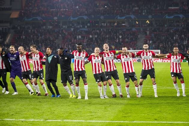 EINDHOVEN, PSV - BATE Borisov, 29-08-2018, voetbal, Champions League play-off, season 2018-2019, Philips Stadion, players of PSV are celebrating the victory PSV - Borisov  x2432863x