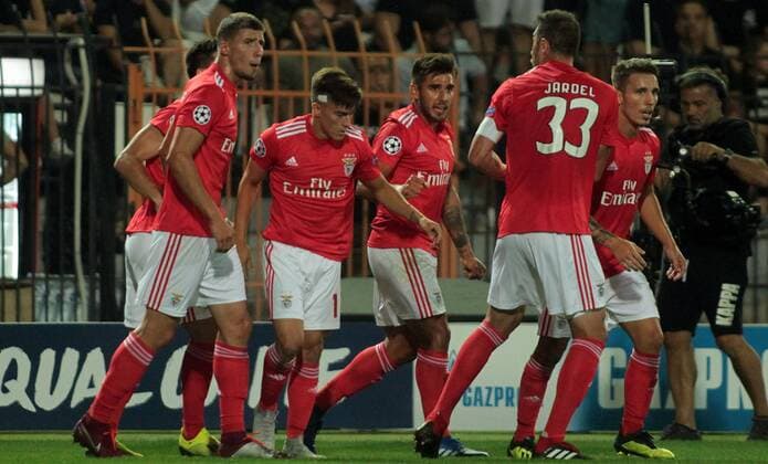 29.08.2018 Thessaloniki(Greece) FC PAOK-SL Benfica play off champions league men s football Ruben Dias(L),Franco Cervi(2L),Eduardo Salvio(3L),Alex Grimaldo(r) SL Benfica : 