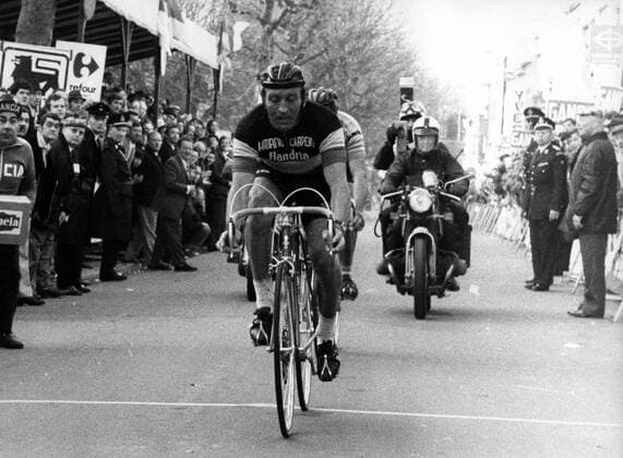 - ZOTTEGEM, BELGIUM (FILE) : This file picture dated 9 April 1973 is about the Tour of Belgium. On the picture : Walter Godefroot, being the first to cross the finishing line of the first staging point. ARCHIVES  x85208381stx