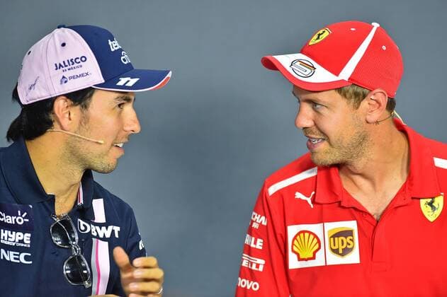 xekx 31.08.- 02.09.2018, FIA Formula 1 Championship, Formula 1, Grosser Preis von Italien 2018, GP Italia, Monza Im Bild: v.l. Sergio Perez (MEX 11), Racing Point Force India F1 Team, Sebastian Vettel (GER 5), Scuderia Ferrari Monza Italien