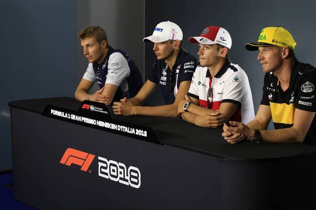 30th August 2018, Autodromo Nazionale Monza, Monza, Italy, Formula One Grand Prix of Italy, driver arrivals and press conference PK Pressekonferenz Williams Martini Racing, Sergey Sirotkin, Racing Point Force India, Esteban Ocon, Alfa Romeo Sauber F1 Team, Charles Leclerc and Renault F1 Team, Nico Hulkenberg  ActionPlus12059259 Octane