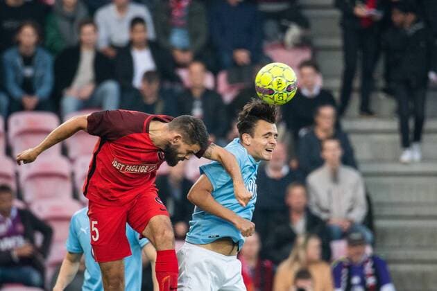 180830 Marc Dal Hende and Lasse Nielsen of Malmö FF during the Europa League qualifying match between Midtjylland and Malmö FF on August 30, 2018 in Herning. Photo: Ludvig Thunman BILDBYRN kod LT 35529 Copyright: LUDVIGxTHUNMAN BB180830LT032