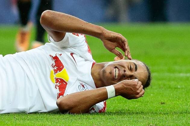 30.08.2018, xtgx, Fussball Europa League Quali, RB Leipzig - Sorja Luhansk emspor, v.l. Yussuf Poulsen (Leipzig, 9) enttäuscht, schaut enttäuscht, niedergeschlagen, disappointed (DFL DFB REGULATIONS PROHIBIT ANY USE OF PHOTOGRAPHS as IMAGE SEQUENCES and or QUASI-VIDEO) Leipzig
