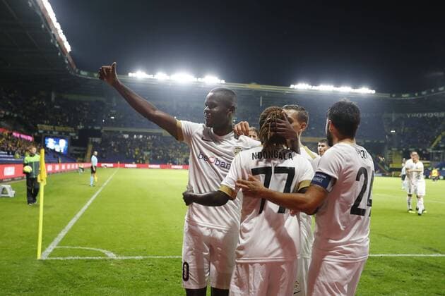 COPENHAGEN, DENMARK - AUGUST 29 : Ally Mbwana Samatta forward of Genk with Dieumerci Ndongala forward of Genk celebrates scoring a goal pictured during the UEFA Europa League Play-offs 2nd leg match between Brondby IF and KRC Genk at the Brondby stadion on August 29, 2018 in Copenhagen, Denmark, 29 08 18 FOOTBALL : Brondby IF v KRC Genk - UEFA Europa League - 30 08 2018 PHOTONEWS PANORAMIC 