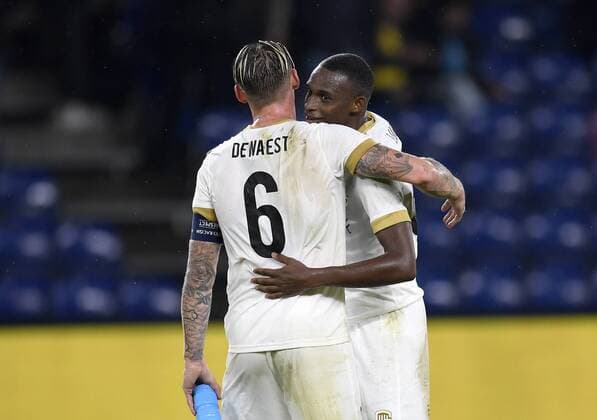 Sebastian Dewaest, KRC Genk og Jhon Lucumi, KRC Genk efter sejren i UEFA Europa League kvalifikationskampen paa Broendby Stadion mellem Broendby IF og KFC Genk den 30. August 2018. , Broendby  Copyright: Â©LarsxMoeller LarsxMoellerx cop103 spdk20180830-224045-L