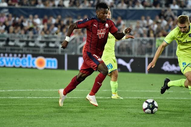 Faute sur Samuel Kalu (gir) penalty reussi et joie de Jimmy Briand (gir) FOOTBALL : Bordeaux vs KAA Gent- 4eme Tour Ligue Europa - Bordeaux - 30 08 2018 ThierryBreton Panoramic 