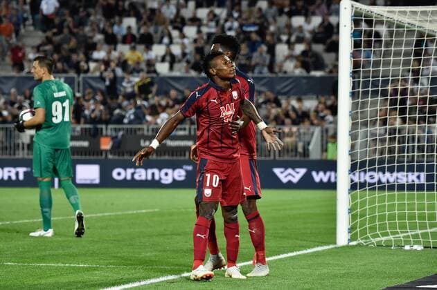 Faute sur Samuel Kalu (gir) penalty reussi et joie de Jimmy Briand (gir) FOOTBALL : Bordeaux vs KAA Gent- 4eme Tour Ligue Europa - Bordeaux - 30 08 2018 ThierryBreton Panoramic 