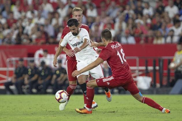 Spain: Sevilla FC vs SIgma Olomuc 30th August 2018, Ramon Sanchez Pizjuan, Sevilla, Spain; UEFA Europa League football, Sevilla FC versus Sigma Olomuc; Nolito, player of Sevilla FC tries to score a goal Sevilla Andalucia Spain Ramon Sanchez Pizjuan  UKKOxImages AntonioxPozo PacificxPress