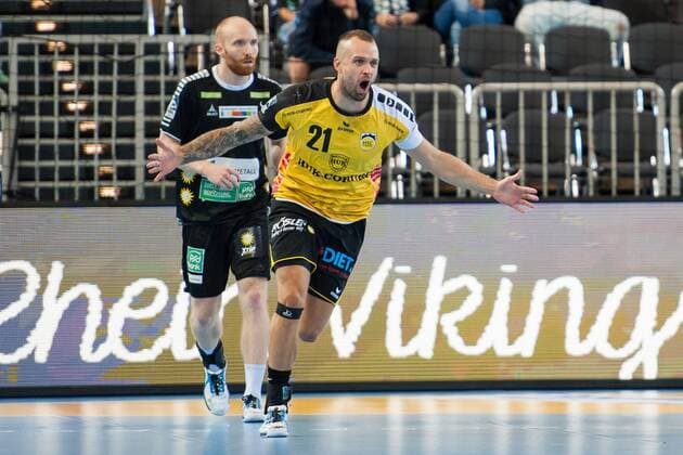 Torjubel bei Florian Billek (Nr.21, HSC Coburg) HC Rhein Vikings vs. HSC 2000 Coburg, Handball, 2. Bundesliga, 31.08.18 Düsseldorf NRW Deutschland Castello