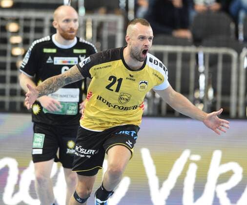 2. Handball-Bundesliga: HC Rhein Vikings - HSC Coburg 31.08.2018. Jubel Florian Billek (Coburg).
