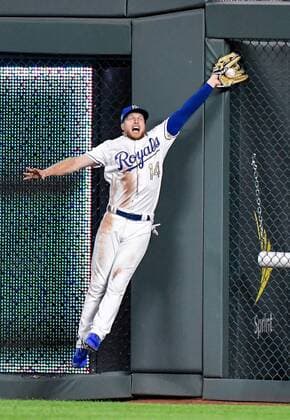 August 31, 2018 - Kansas City, MO, USA - Kansas City Royals right fielder Brett Phillips catches a sacrifice fly against the wall hit by the Baltimore Orioles Trey Mancini that scored Cedric Mullins in the sixth inning at Kauffman Stadium in Kansas City, Mo., on Friday, Aug. 31, 2018. Baltimore at Kansas City - ZUMAm67_ 20180831_zaf_m67_029 Copyright: xJohnxSleezerx