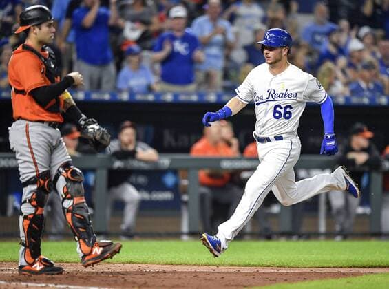 September 1, 2018 - Kansas City, MO, USA - The Kansas City Royals Ryan O Hearn (66) scores in front of Baltimore Orioles catcher Austin Wynns on a double by Brian Goodwin in the sixth inning on Saturday, Sept. 1, 2018, at Kauffman Stadium in Kansas City, Mo. Baltimore at Kansas City - ZUMAm67_ 20180901_zaf_m67_068 Copyright: xJohnxSleezerx