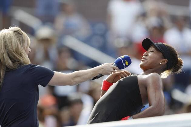 Tennis: Naomi Osaka at U.S. Open Naomi Osaka reacts during an interview after she beat Aliaksandra Sasnovich in the third round of the U.S. Open tennis tournament in New York on Sept. 1, 2018. 