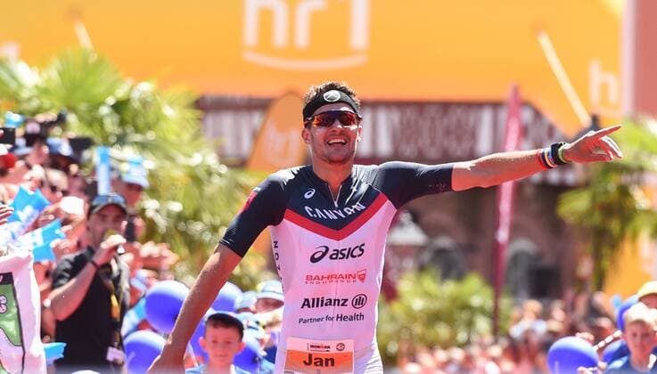 08.07.2018, xblx, Mainova IRONMAN European Championship EM Europameisterschaft Frankfurt 2018, emspor, v.l. Jan Frodeno (Deutschland) als Sieger im Ziel, Gewinner, Erster, Frankfurt am Main