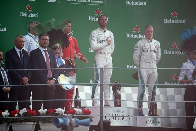 Photo4 LaPresse 02 09 2018 Monza, Italy Grand Prix Formula One Italia 2018 In the pic: podium 1st position Lewis Hamilton (GBR) Mercedes AMG F1 W09 2nd position Kimi Raikkonen (FIN) Scuderia Ferrari SF71H 3rd position Valtteri Bottas (FIN) Mercedes AMG F1 W09  Copyright: xPhoto4 LaPressex