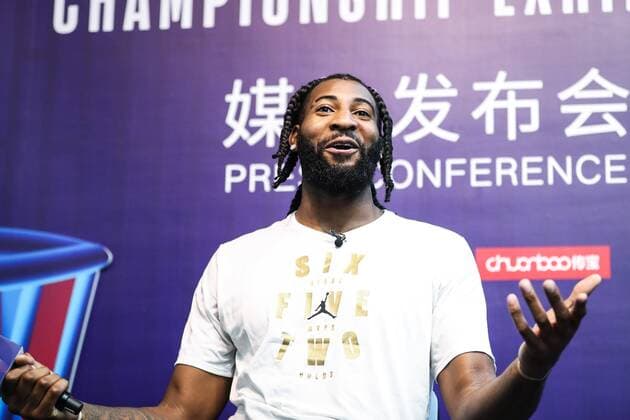 NBA Basketball Herren USA star Andre Drummond of Detroit Pistons attends a press conference PK Pressekonferenz for the NBA Championship Exhibition in Shanghai, China, 31 August 2018. Andre Drummond meets press to endorse NBA Championship Exhibition in Shanghai  pbu859647_04