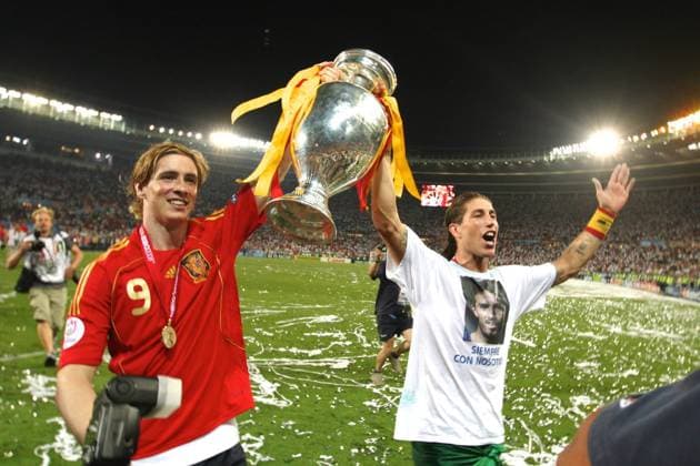 Germany vs Spain, UEFA EURO EM Europameisterschaft Fussball 2008 Final Spain s Fernando Torres and Sergio Ramos celebrates after winning the UEFA Euro 2008 Final, between Germany and Spain, on Ernst-Happel-Stadion, Vienna, Austria, 29 June 2008 Copyright: xAlexxNicodimx