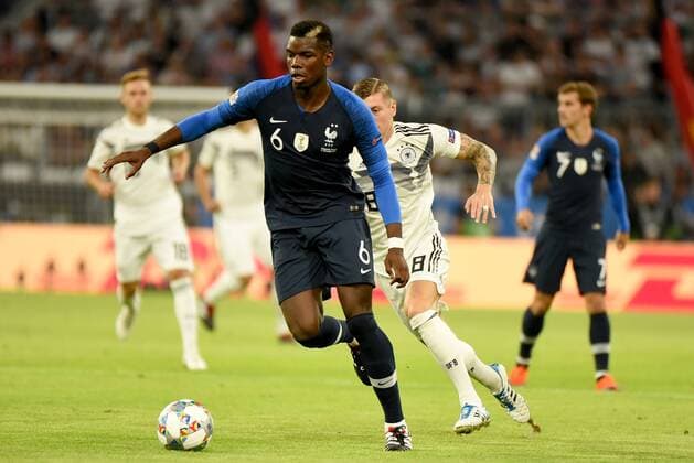 Paul Pogba (FRA) und Toni Kroos (GER). Deutschland, Muenchen, 06.09.2018, Fussball, Nationalmannschaft, UEFA Nations League, 1.Spieltag: Deutschland vs Frankreich, Allianz-Arena DFL DFB REGULATIONS PROHIBIT ANY USE OF PHOTOGRAPHS AS IMAGE SEQUENCES AND OR QUASI-VIDEO.
