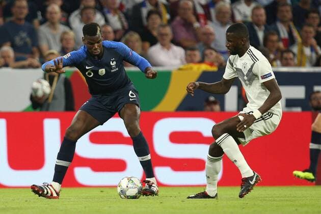 l-r: im Zweikampf, Aktion, mit Paul Pogba 6 (Frankreich) und Antonio Ruediger 16 (Deutschland), Deutschland vs. Frankreich, Fussball, UEFA Nations League, 06.09.2018, DFB regulations prohibit any use of photographs as image sequences and or quasi-video Muenchen Bayern Deutschland