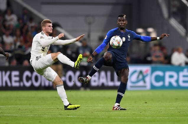 FUSSBALL UEFA Nations League in Muenchen Deutschland - Frankreich 06.09.2018 Timo Werner (li, Deutschland) gegen Paul Pogba (re, Frankreich) --- DFB regulations prohibit any use of photographs as image sequences and or quasi-video. ---