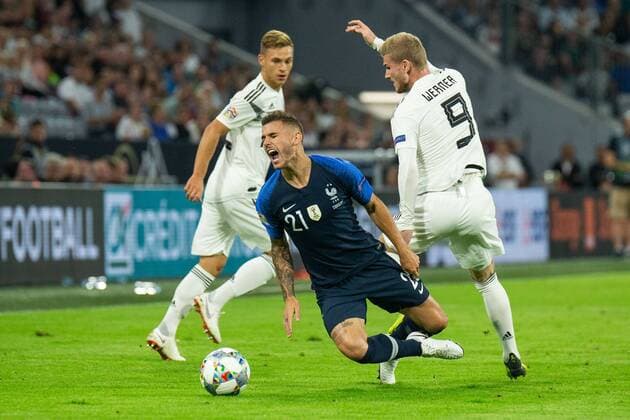 06.09.2018, xkvx, Fussball UEFA Nations League Division A, Deutschland - Frankreich emspor, v.l. Lucas Hernandez (Fussballnationalmannschaft Frankreich), Timo Werner (DFB - Deutscher Fussballbund) (DFL DFB REGULATIONS PROHIBIT ANY USE OF PHOTOGRAPHS as IMAGE SEQUENCES and or QUASI-VIDEO) Muenchen