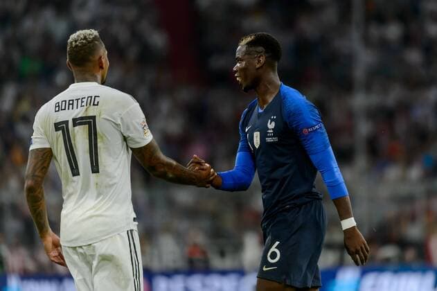 Muenchen, Deutschland 06.09.2018, UEFA Nations League, Deutschland - Frankreich, Jerome Boateng (GER) und Paul Pogba (FRA) beim shake hands ( DeFodi527