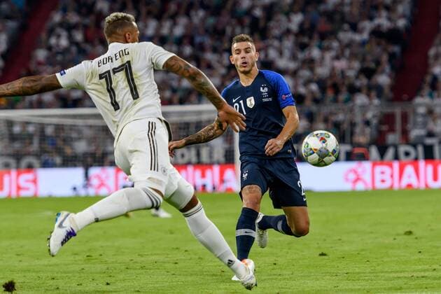 Muenchen, Deutschland 06.09.2018, UEFA Nations League, Deutschland - Frankreich, Jerome Boateng (GER) und Lucas Hernandez (FRA) im Zweikampf ( DeFodi527