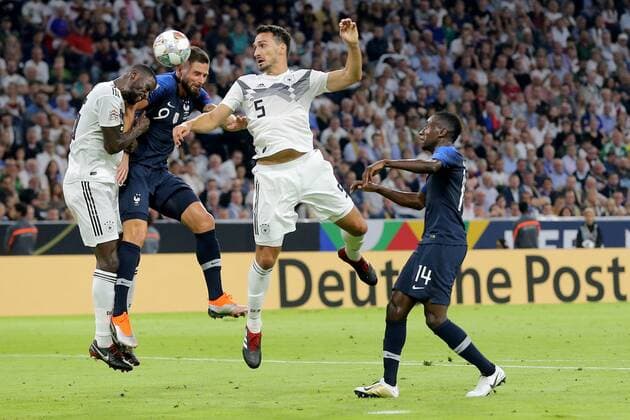 Antonio Ruediger ( Deutschland ) Olivier Giroud ( Frankreich ) Mats Hummels ( Deutschland ) Blaise Matuidi ( Frankreich ) , UEFA Nations League, 2018 19, Deutschland vs. Frankreich, DFB regulations prohibit any use of photographs as image sequences and or quasi-video, Deutschland vs. Frankreich, UEFA Nations League, 2018 19, Fussball, 06.09.2018 Muenchen Copyright: xLanger Eibner-Pressefotox EP_HLR