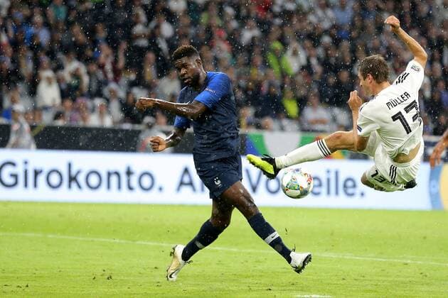 Samuel Umtiti ( Frankreich ) Thomas Mueller ( Deutschland ) , UEFA Nations League, 2018 19, Deutschland vs. Frankreich, DFB regulations prohibit any use of photographs as image sequences and or quasi-video, Deutschland vs. Frankreich, UEFA Nations League, 2018 19, Fussball, 06.09.2018 Muenchen Copyright: xLanger Eibner-Pressefotox EP_HLR