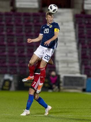 6th September 2018, Tynecastle Park, Edinburgh, Scotland; Under 21 European Championship EM Europameisterschaft Football, Scotland U21 U 21 versus Andorra U21; Ross McCrorie of Scotland wins the header  ActionPlus12060534 AlanxRennie
