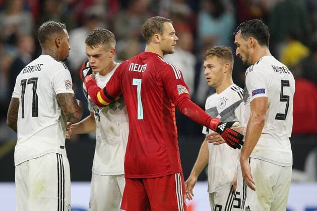 SOCCER - UEFA NL, GER vs FRA MUNICH,GERMANY,06.SEP.18 - SOCCER - UEFA Nations League, Germany vs France, international match Länderspiel Image shows the rejoicing of Jerome Boateng, Matthias Ginter, Manuel Neuer, Joshua Kimmich and Mats Hummels (GER). GEPAxpictures xThomasxBachun