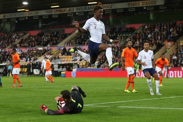 England U21 U 21 v Netherlands U21 UEFA EURO EM Europameisterschaft Fussball U21 2019 Qualifiers Demarai Gray of England leaps over Justin Billow of The Netherlands during the UEFA Euro U21 2019 Qualifiers match at Carrow Road, Norwich Content Not Available For UK Newspapers Copyright: xPaulxChestertonx FIL-12242-0070