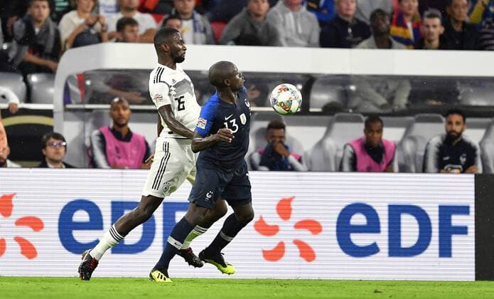 Antonio Rüdiger (Deutschland), im Zweikampf mikt NGolo Kante (Frankreich) Deutschland - Frankreich Germany-France UEFA Nations Cup Nationalmannschaft, DFB, 2018, Fußball, Fussball, soccer, Herren, Deutschland, Germany, Berlin, 6.9.2018