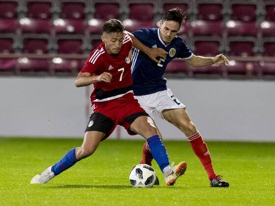 6th September 2018, Tynecastle Park, Edinburgh, Scotland; Under 21 European Championship EM Europameisterschaft Football, Scotland U21 U 21 versus Andorra U21; Alex Martinez of Andorra and Liam Smith of Scotland  ActionPlus12060559 AlanxRennie