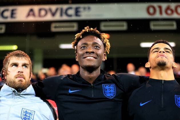 6th September 2018, Carrow Road, Norwich, England; UEFA Under 21 European Championship EM Europameisterschaft football, England U21 U 21 versus Netherlands U21; Tammy Abraham with Dominic Solanke of England U21  ActionPlus12060613 ShaunxBrooks