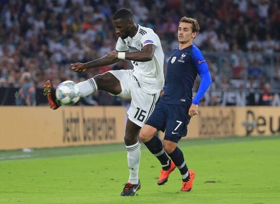 (180907) -- MUNICH, Sept. 7, 2018 Germany s Antonio Ruediger (L) vies with France s Antoine Griezmann during the UEFA Nations League football match between Germany and France, in Munich, Gremany, on Sept. 6, 2018. The match ended in a 0-0 draw. ) (SP)GERMANY-MUNICH-SOCCER-UEFA NATIONS LEAGUE-GERMANY VS FRANCE PhilippexRuiz 