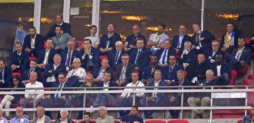 06.09.2018, Fussball, UEFA Nations-League 2018 2019, 1.Spieltag in München in der Allianz-Arena: Deutschland - Frankreich. Ehrengäste, mit Manager Oliver Bierhoff (Deutschland), drummenigge, Horst Hrubesch, Berti Vogts, Sportdirektor Hasan Salihamidzic (Bayern München), Reinhard Grindel (DFB-Präsident), Cacau. DFB and DFL regulations prohibit any use of photographs as image sequences and or quasi-video.