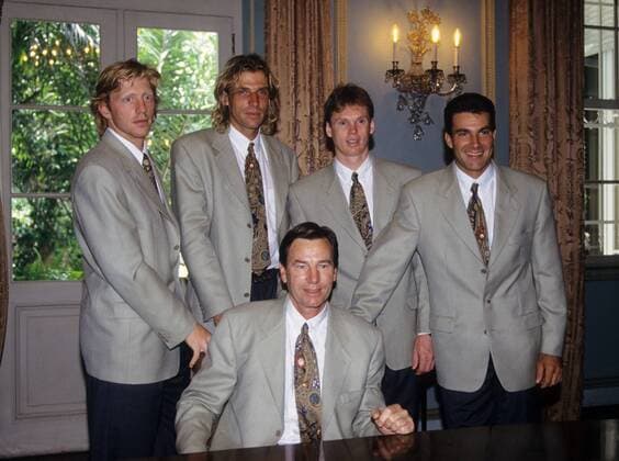 Becker,Zoecke,Jelen,Steeb,Pilic (vo. li.) fotografiert am 17.12.1998 in Rio de Janeiro Tennis Davis Cup BRD Team 1998
