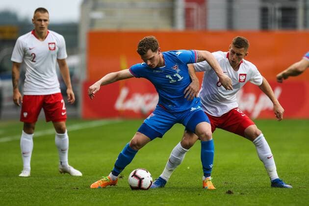 Fußball, U21 EM Quali, Polen Färöer 07.09.2018, Lubin, Pilka nozna. Eliminacje Mistrzostw Europy u-21 Polska - Wyspy Owcze , European football , European Under-21 Championship 2019 Qualifying round , Poland - Faroe Islands , N Z Jakub Piotrowski (POL) Meinhard Olsen (Faroe) , FOT. Adam Jastrzebowski newspix.pl FRANCE OUT !!!! FRA OUT !!! --- Newspix.pl  20180907_awj_1563
