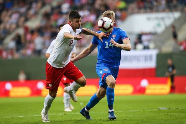 Fußball, U21 EM Quali, Polen Färöer 07.09.2018, Lubin, Pilka nozna. Eliminacje Mistrzostw Europy u-21 Polska - Wyspy Owcze , European football , European Under-21 Championship 2019 Qualifying round , Poland - Faroe Islands , N Z Dawid kownacki (POL), Bjarni Petersen (Faroe) , FOT. Adam Jastrzebowski newspix.pl FRANCE OUT !!!! FRA OUT !!! --- Newspix.pl 20180907_awj_1655