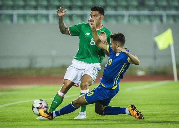 7th September, Olympic Stadium Adem Jashari, Mitrovice, Kosovo; UEFA Under 21 European Championship EM Europameisterschaft qualifier, Kosovo U21 U 21 versus Republic of Ireland U21; Kamer Krasniqi of Kosovo goes in to tackle Reece Grego-Cox of Republic of Ireland  ActionPlus12060708 NikolaxKrstic