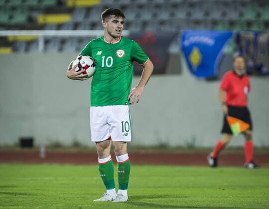 7th September, Olympic Stadium Adem Jashari, Mitrovice, Kosovo; UEFA Under 21 European Championship EM Europameisterschaft qualifier, Kosovo U21 U 21 versus Republic of Ireland U21; Ryan Manning of Republic of Ireland reacts to the referees decision against him  ActionPlus12060714 NikolaxKrstic