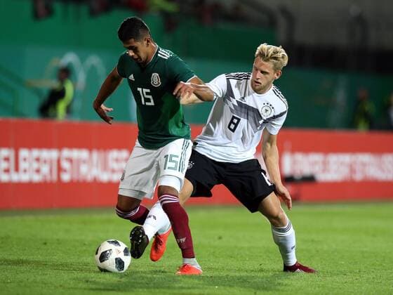 07.09.2018 - Fussball - Testspiel Freundschaftsspiel - Länderspiel - Deutschland - Mexiko - U21 U 21 - DaMa - DFB regulations prohibit any use of photographs as image sequences and or quasi-video Antonio Sanchez (15, Mexico Mexico U21 ) Arne Maier (8, Deutschland U21 )