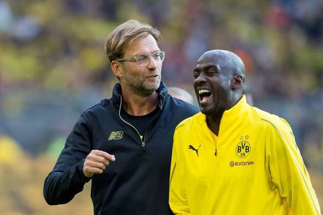 Dortmund, Germany 07.09.2018, Abschiedsspiel Roman Weidenfeller, Trainer Juergen Klopp (BVB Allstars) und Otto Addo (BVB Allstars) lacht, lachen ( DeFodi053
