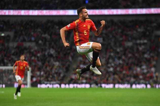 Saul Niguez of Spain celebrates scoring Spains first goal during the UEFA Nations League international match L?nderspiel between England and Spain at Wembley Stadium, London, England on 8 September 2018. Copyright: xClivexHowesx PMI-2214-0010